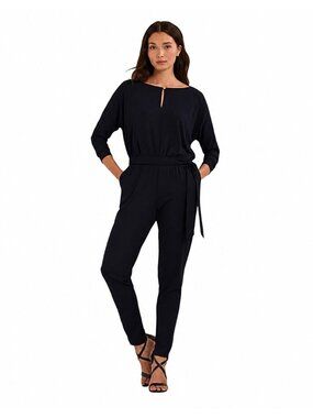 Lauren Ralph Lauren Black Matte Jersey Jumpsuit Petite Large Keyhole Slim Leg PL